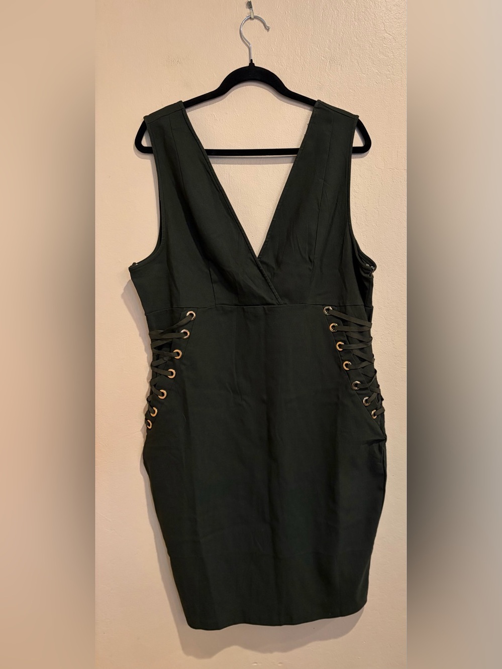 Army Green Bodycon Midi Dress w/ Laced Up Side Details, Deep Plunge, Hip Huggin